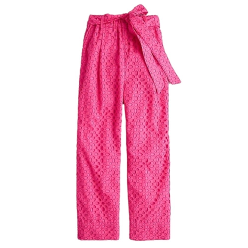J Crew Womens Size 8 Tie Waist Eyelet High Rise Crop Pant Neon Flamingo Pink